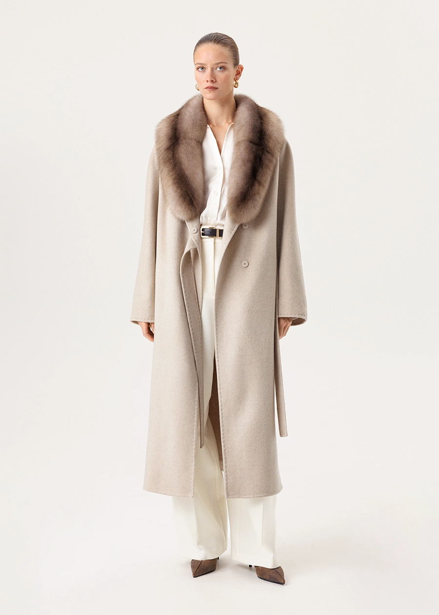 Кашемировое пальто с цельным шалевым соболиным воротником
